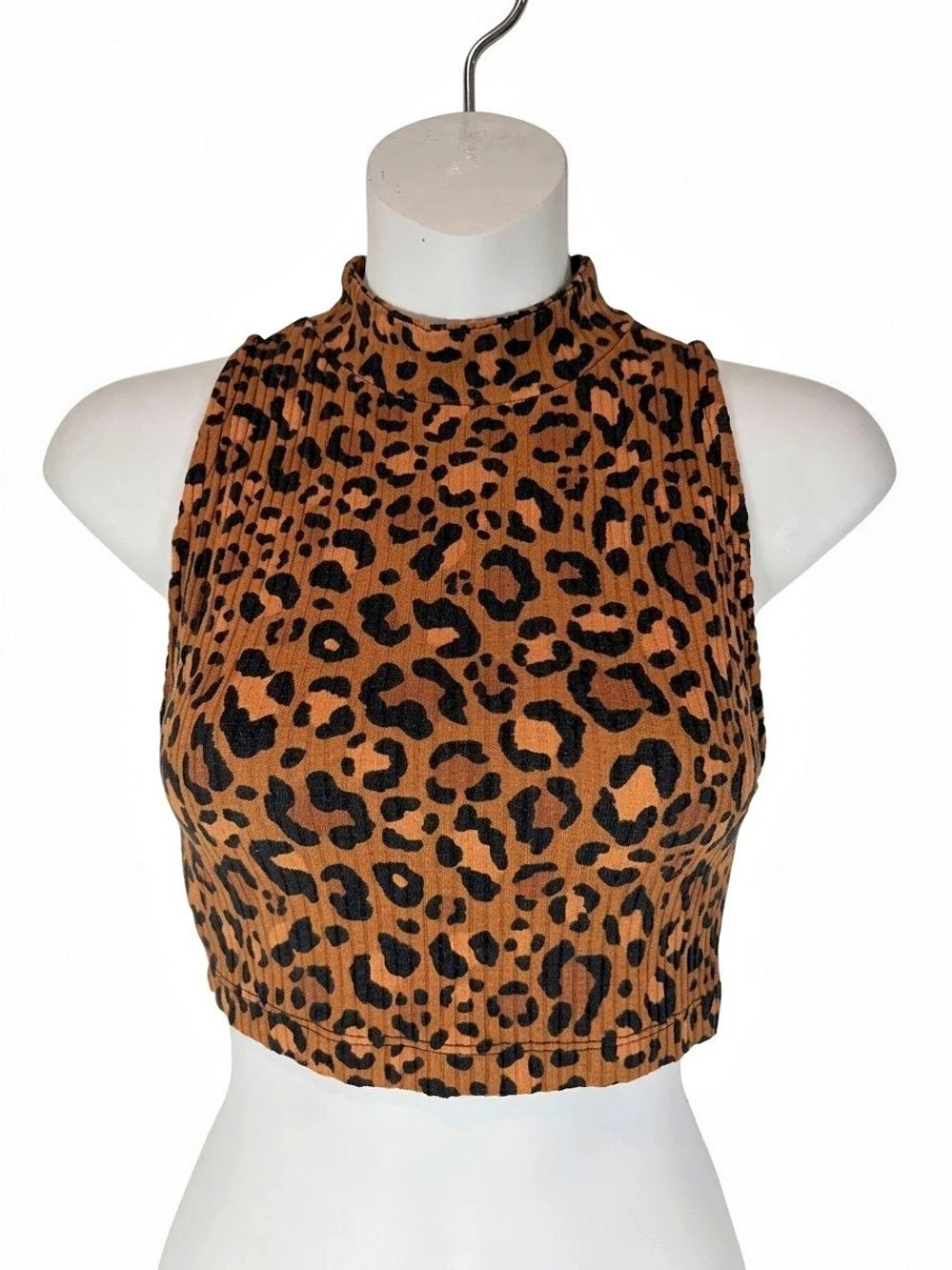 FARM Rio Leopard Animal Print Ribbed Mock Neck Crop Tank Top S Keyhole Back Boho